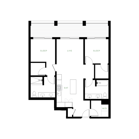 Floor plan for 2 beds, 2 baths, 944 sqft